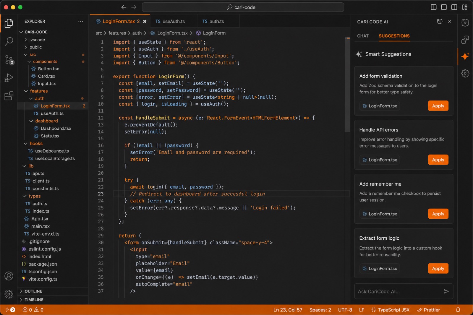 Code editor with syntax highlighting and AI suggestions