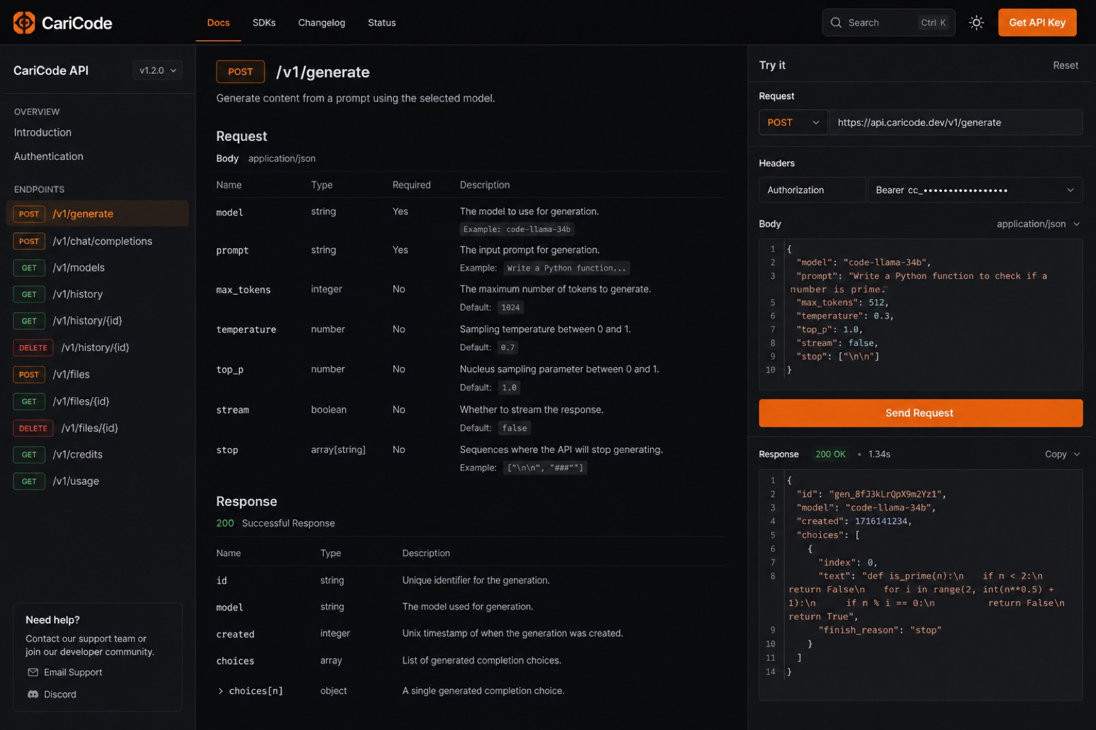 API documentation interface