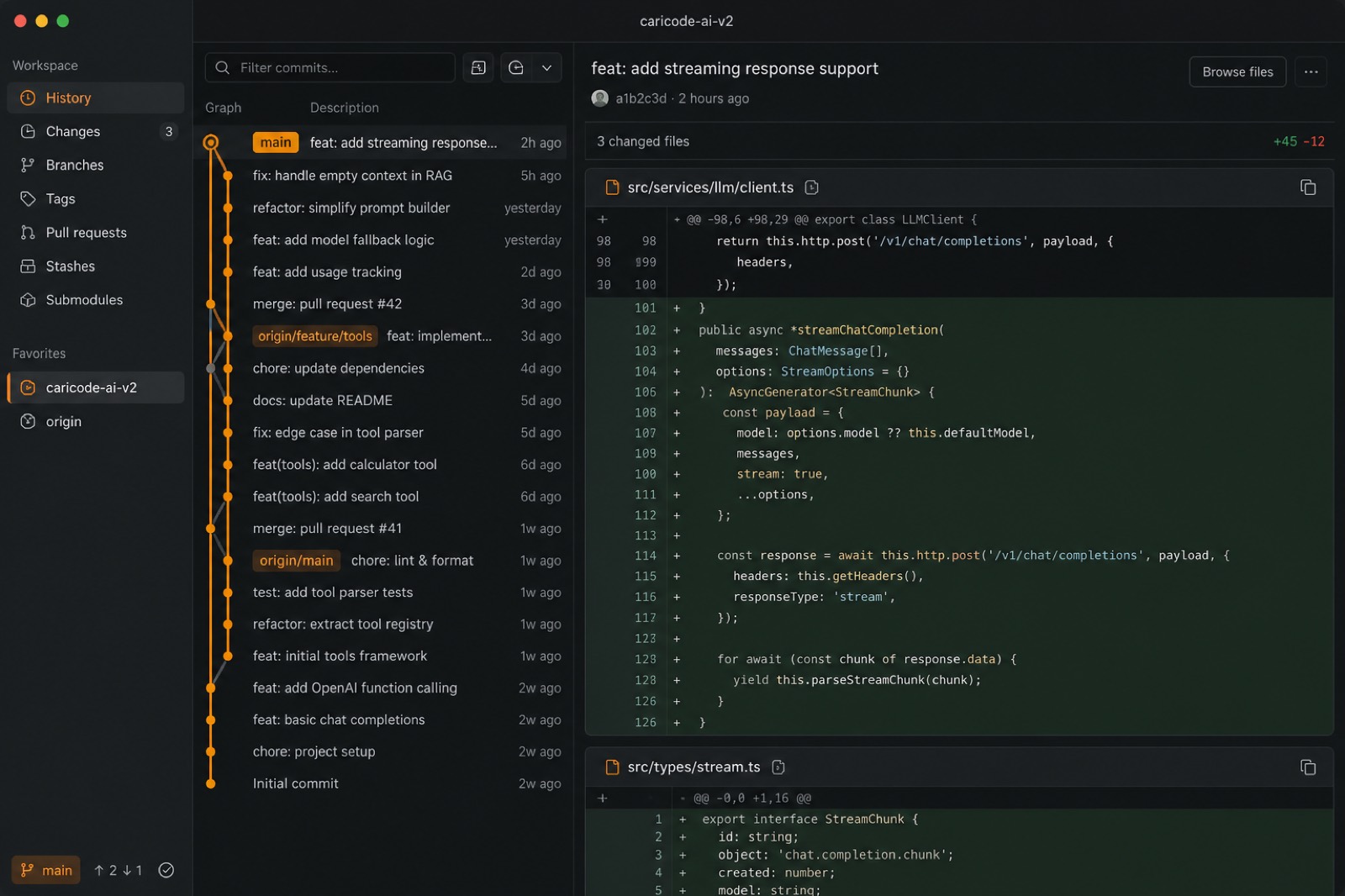 Version control interface showing git history